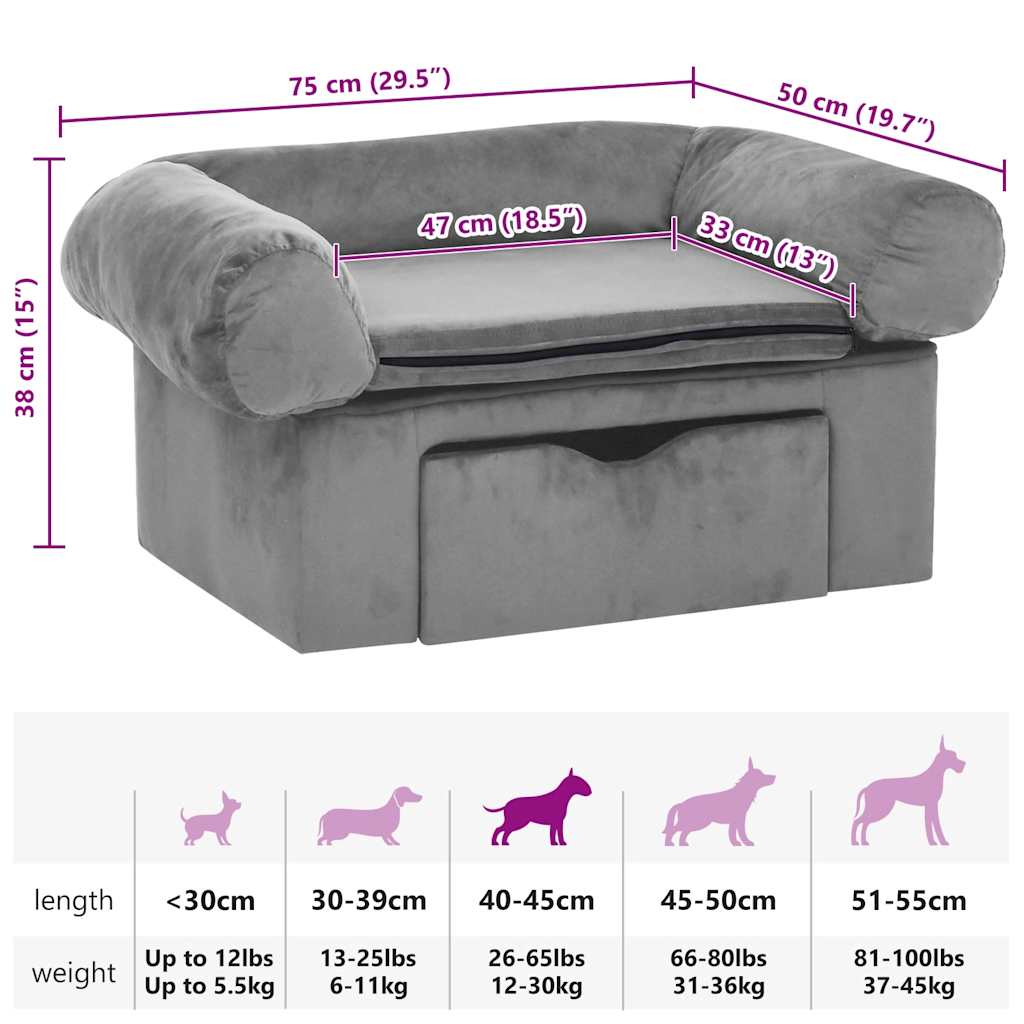  Divano per Cani con Cassetto Grigio 75x50x38 cm in Peluche