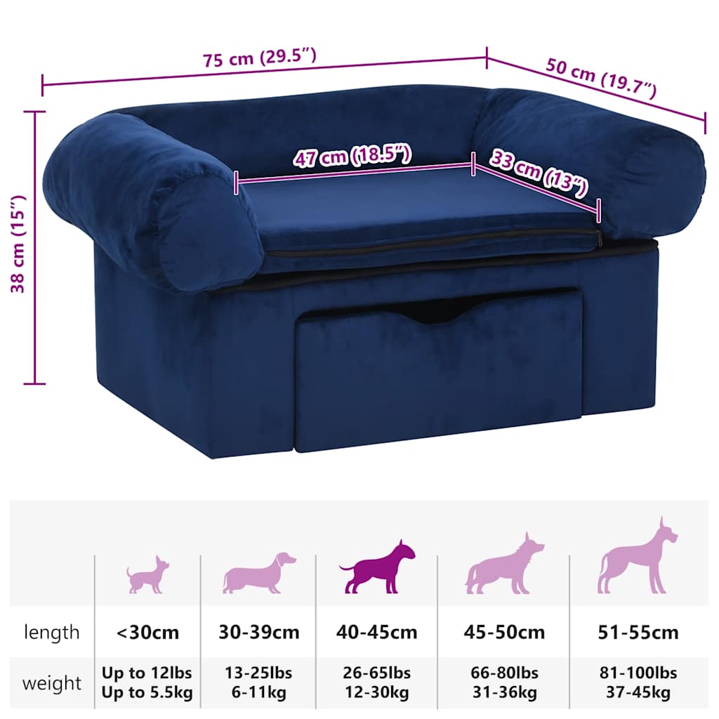  Divano per Cani con Cassetto Blu 75x50x38 cm in Peluche