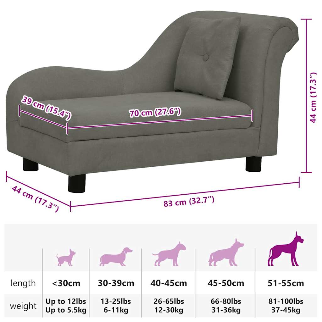  Divano per Cani con Cuscino Grigio Scuro 83x44x44 cm in Peluche