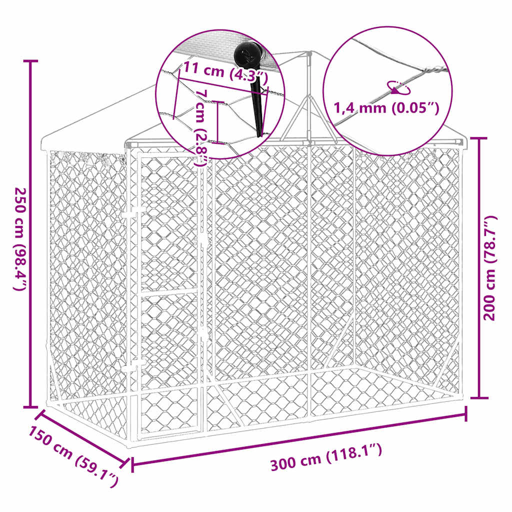  Cuccia Cani da Esterno Tetto Argento 3x1,5x2,5m Acciaio Zincato