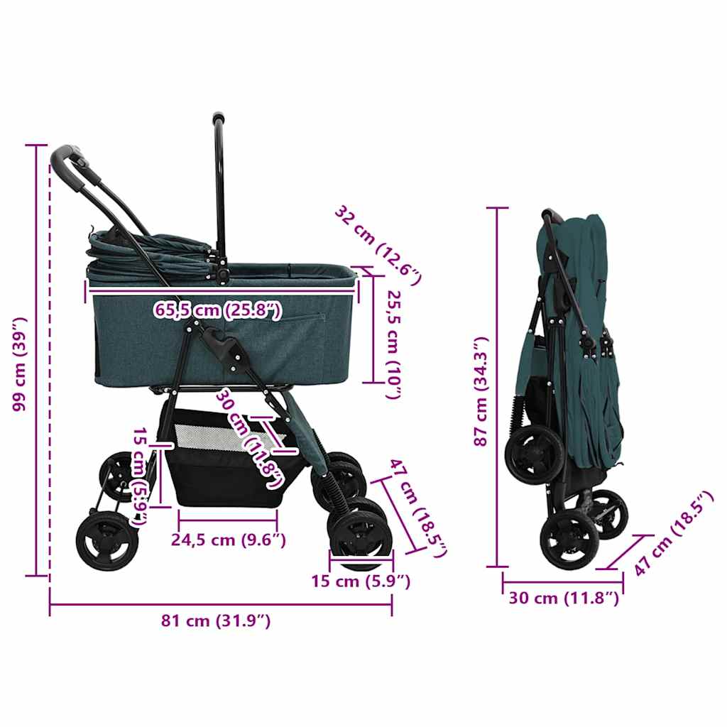 Passeggino pieghevole per animali Verde 81 x 47 x 99 cm