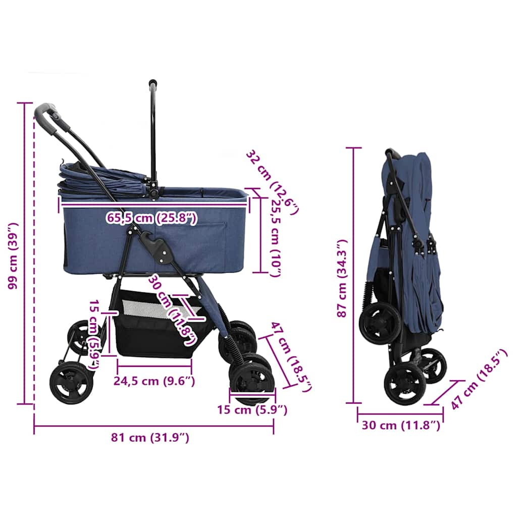 Passeggino pieghevole per animali Blu 81 x 47 x 99 cm