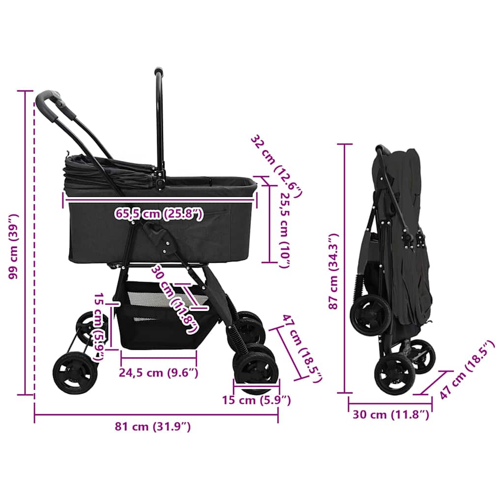 Passeggino pieghevole per animali Nero 81 x 47 x 99 cm