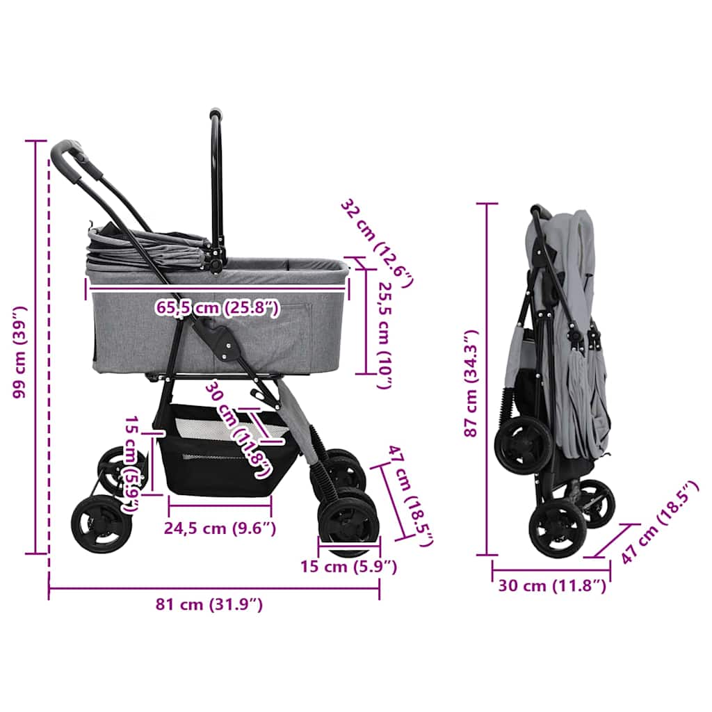 Passeggino pieghevole per animali Grigio 81 x 47 x 99 cm